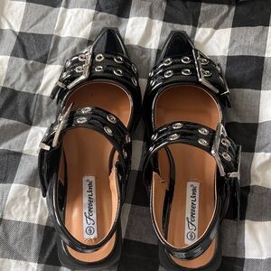 Forever Link Black Patent Mary Jane Flats with Silver Buckles